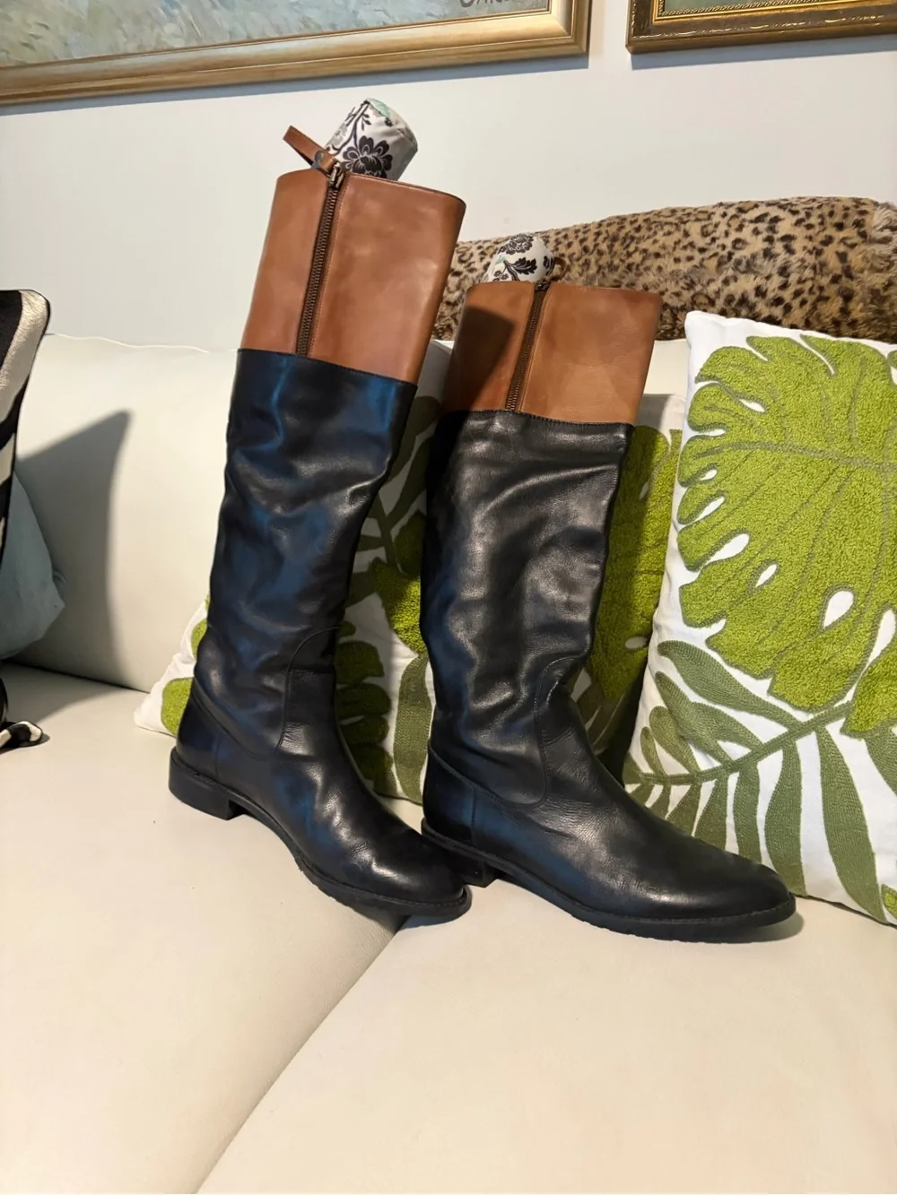 Stuart Weitzman Two-Tone Black and Brown Over-the-Knee Leather Boots